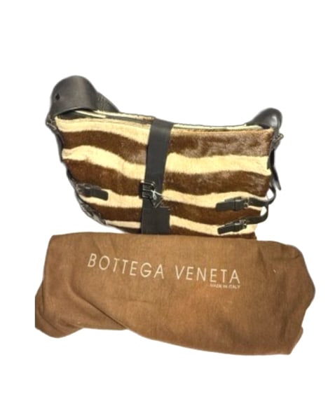VERY RARE VTG BOTTEGA VENETA PONY HAIR ZEBRA BAG: With leather buckle accents , measures 14" X 12" comes with dust bag, in excellent condition