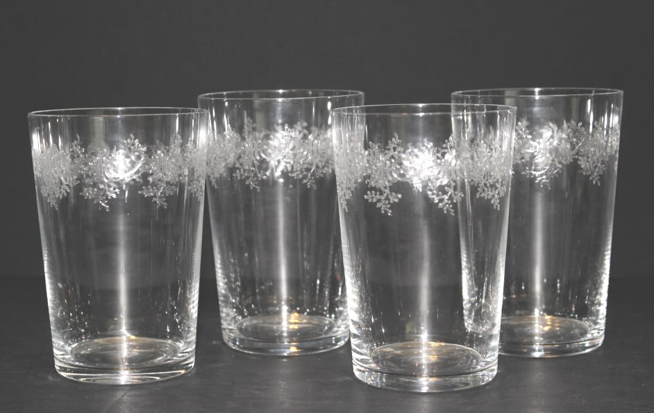 LOT OF 4 SIGNED TIFFANY SNOW FLAKE JUICE GLASSES: Signed to base very good condition