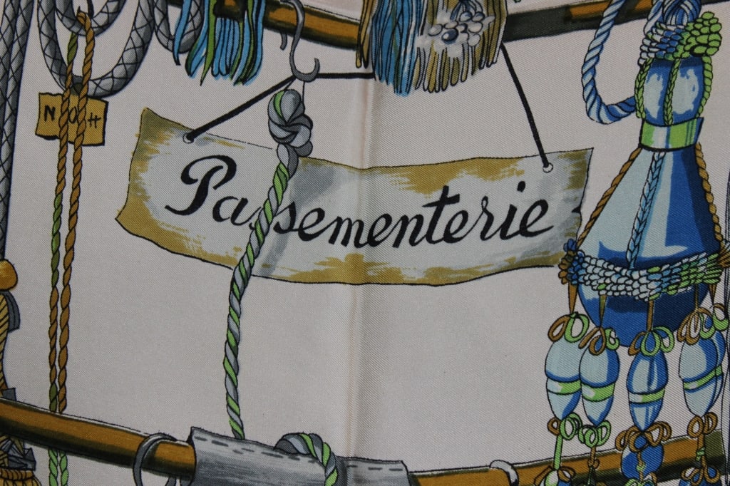 HERMES "PASSEMENTERIE " VINTAGE DESIGNED SILK SCAR: Designed by Francoise Heron in the 60's, measures 36" squared, in very good vintage condition