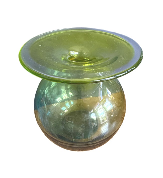 MID CENTURY URANIUM GLASS LARGE SPITOON VASE: Unsigned glows, measures 9" tall, by 9" wide in excellent vintage condition