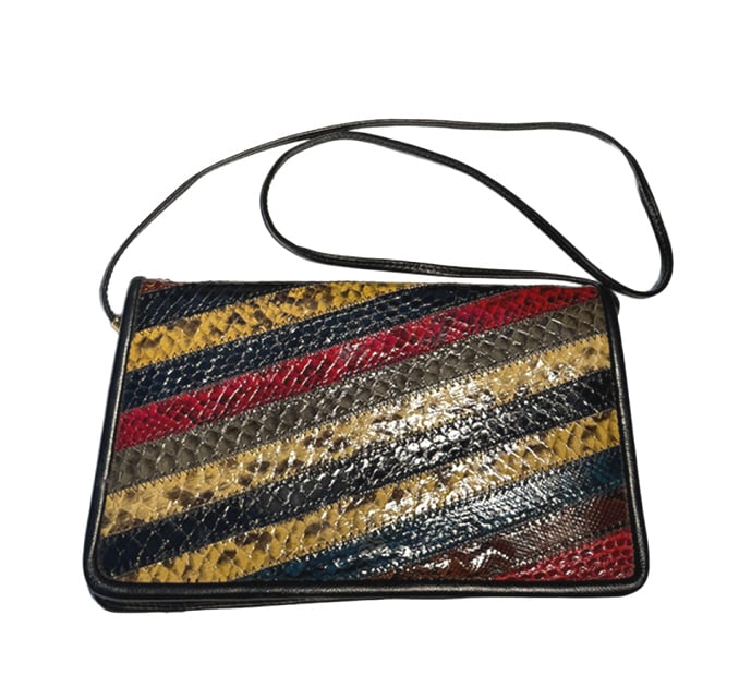 CHRISTIAN DIOR VTG SNAKESKIN SHOULDER BAG: In a patchwork colorful snake skin design, of disttinct diagonal striped patter,in multi colors, circa 1970's in like new condition
