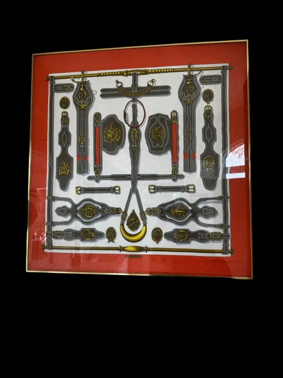 HERMES VTG SILK SCARF " HARNAIS DES PRESIDENTS": Nicely framed, 35" square, in very good condition