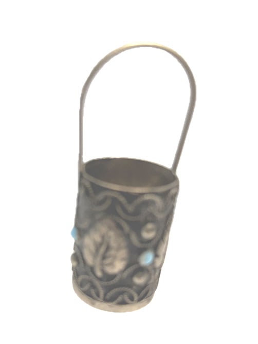 VTG SILVER TOOTH PICK HOLDER WITH TURQUOISE NIELLO: About 3" in height to top of handle, 26 grams