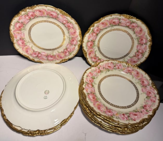 ANTIQUE LIMOGES J.P. LIMOGES PINK ROSE DINNER PLATES (10): Large heavy 10" hand painted plates, with pink drop rose pattern, scalloped edges, marked to base