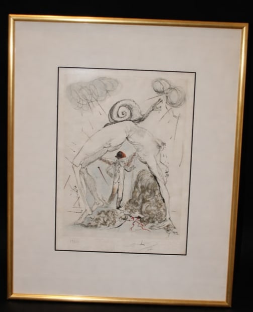 RARE SALVADORE DALI HAND COLORED ETCHING SIGNED: #39/50 Titled Nu a Escargot, nude with snail, etching with dry point on paper, part of the secret poems series 1967/1968 from the estate of the French Baroness we are liquidating, 12 1/2" X 9 1/2