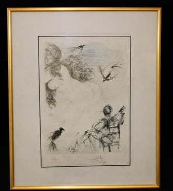 SALVADORE DALI FRAMED ETCHING WOMAN WITH PARROT: Created in 1976 by Dali, part of the Poemes Secrets series, etching and drypoint, 15" X 11"