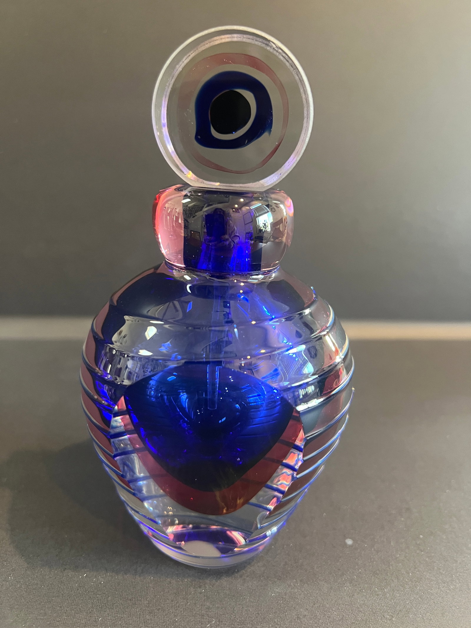 VINTAGE 5TH AVENUE CRYSTAL PERFUME BOTTLE: heavy rounded shape with cobalt and clear glass in excellent condition 6.5" in height