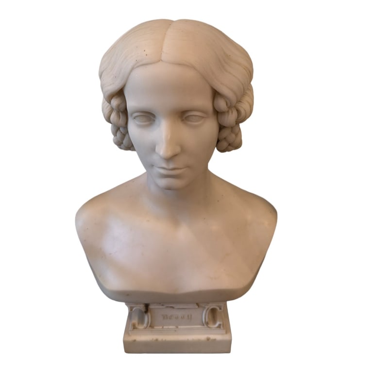 EMIL HOPFGARTEN 1821-1856 GER RARE LG. MARBLE BUST: Large and heavy bust of a young woman done in the 1850's by the German sculpture Emil Hopfgarten, about 20" tall and 16" wide, has been in the same family for 150 years, depicting a young socialite, p
