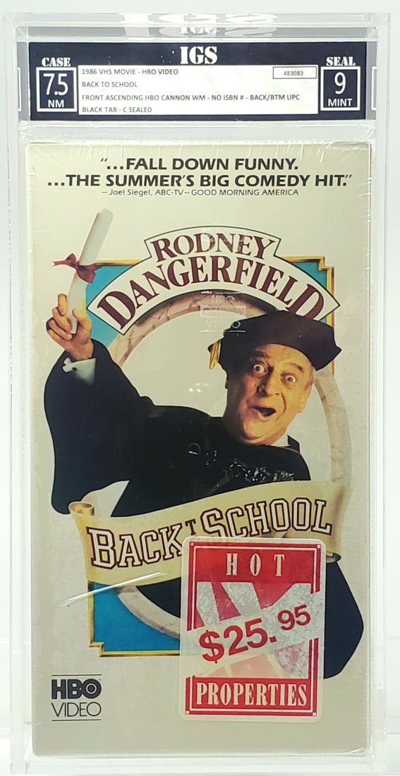 IGS 1986 7.5-9 BACK TO SCHOOL - Sealed Graded VHS Movie: This a third or fourth cover Back To School VHS. Although a later print from the late 80s these are still hard to find and especially with the coveted "Hot Properties" sticker."Back to School" is a 19