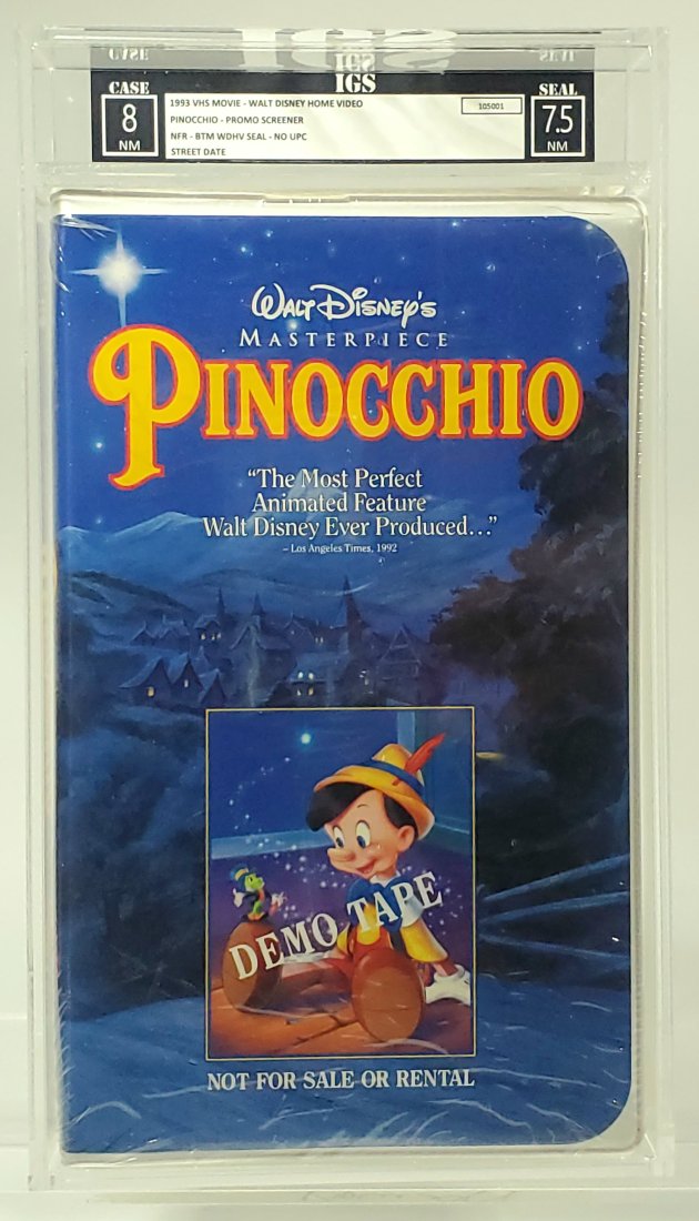 IGS 1993 8-7.5 PINOCCHIO PROMO SCREENER - Sealed Graded VHS Movie: This is a later edition of Pinocchio. This promotional screener was likely distributed to retail and video stores as an incentive for them to order VHS copies for their store for this re-release.Pinoc