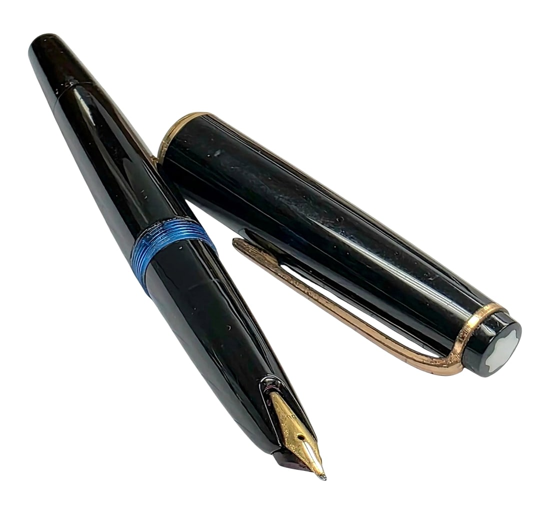 Vintage Montblanc 25x Series Piston-Filler Fountain Pen: A vintage Montblanc 25x series (No. 252 / 254 / 256) fountain pen featuring a glossy black finish with gold-tone clip and trim. The pen is fitted with a semi-hooded wing nib and features a blue-tinted