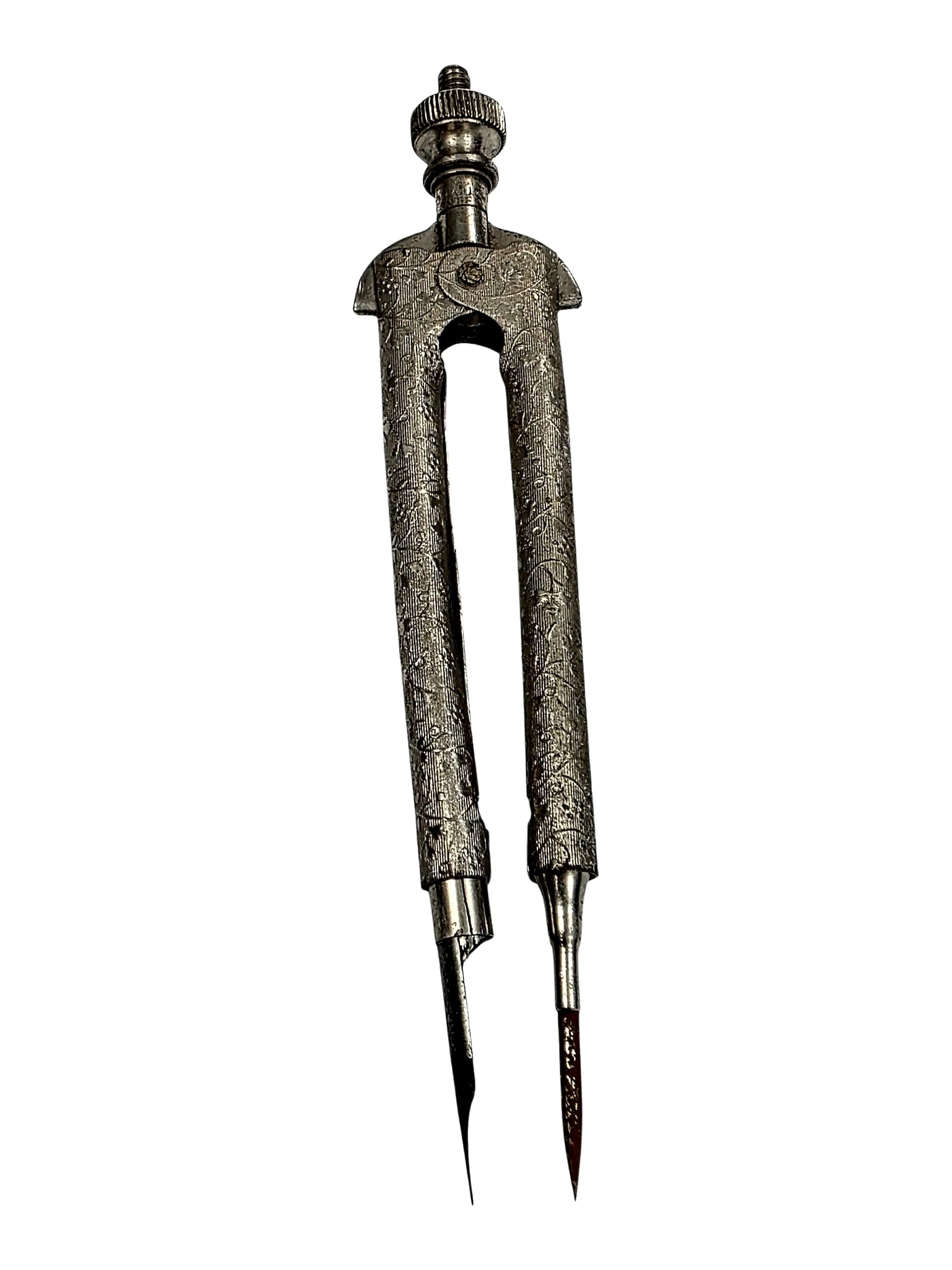 Antique Eagle Pencil Co. Floral Pattern Drafting Compass: An antique drafting compass manufactured by Eagle Pencil Co., featuring all-over embossed floral and foliate scrollwork patterning along both legs. The upper hinge assembly includes a knurled circular