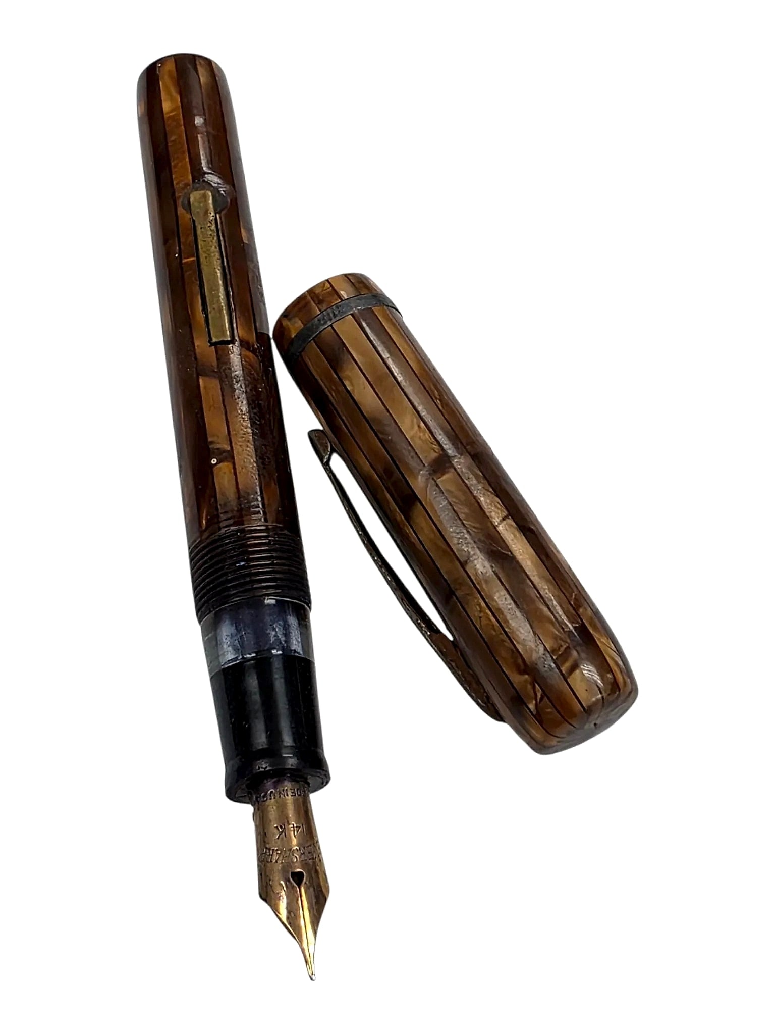 Vintage Eversharp Lever-Filler Fountain Pen, 14K Gold Nib: An Eversharp lever-filler fountain pen featuring a brown and amber-tone striated finish arranged in longitudinal segments along the barrel and cap. The cap is fitted with a single cap band and a clip