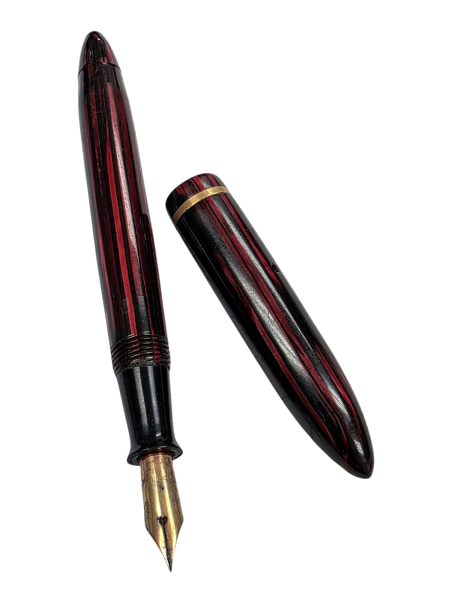 Vintage Sheaffer Balance Carmine Red Striated Fountain Pen: A vintage Sheaffer Balance fountain pen featuring a streamlined torpedo silhouette with a Carmine Red and black striated patterned cap and barrel. The cap is fitted with a gold-tone pocket clip