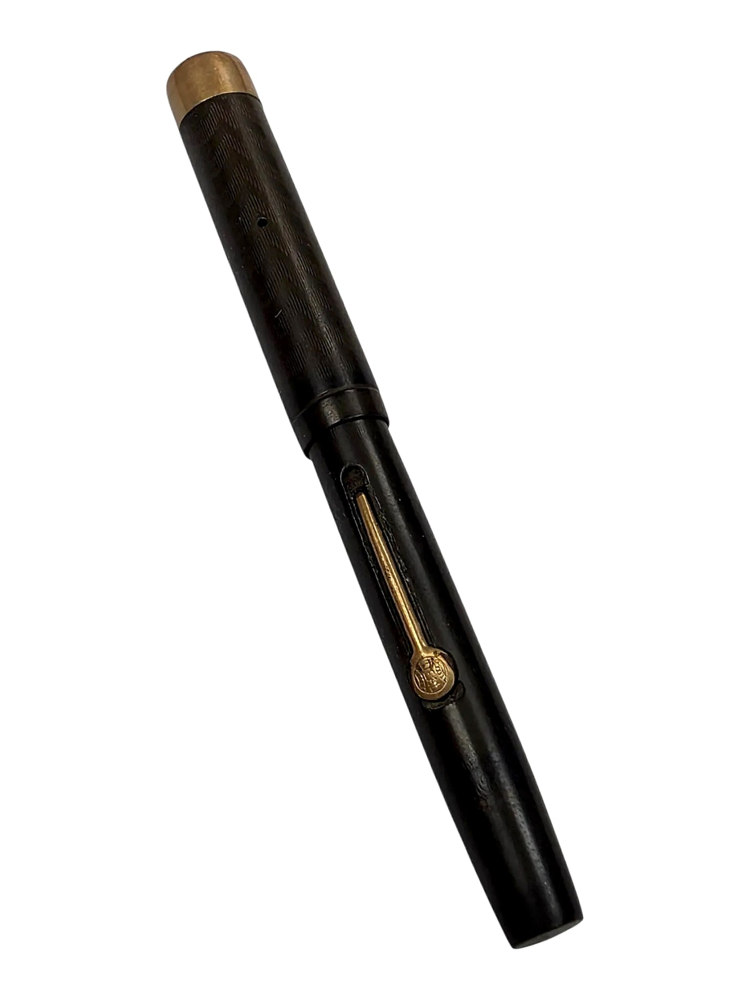 Vintage Waterman's Ideal Lever-Filler Fountain Pen with Chased Cap: A vintage Waterman's lever-filler fountain pen. The cap displays a chased patterned surface with two breather holes and a gold-tone cap crown with an open central aperture. The smooth barrel is equipp