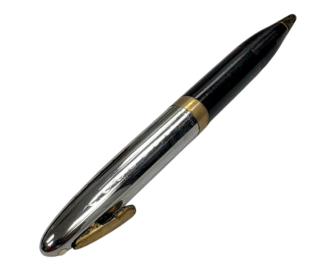 Vintage Sheaffer White Dot Mechanical Pen Silver Cap Black Barrel: Vintage Sheaffer mechanical pencil featuring a patterned silver-tone cap, gold-tone White Dot clip, gold-tone accent band, and black lower barrel. Shows tarnish on the metal cone tip, clip wear, and