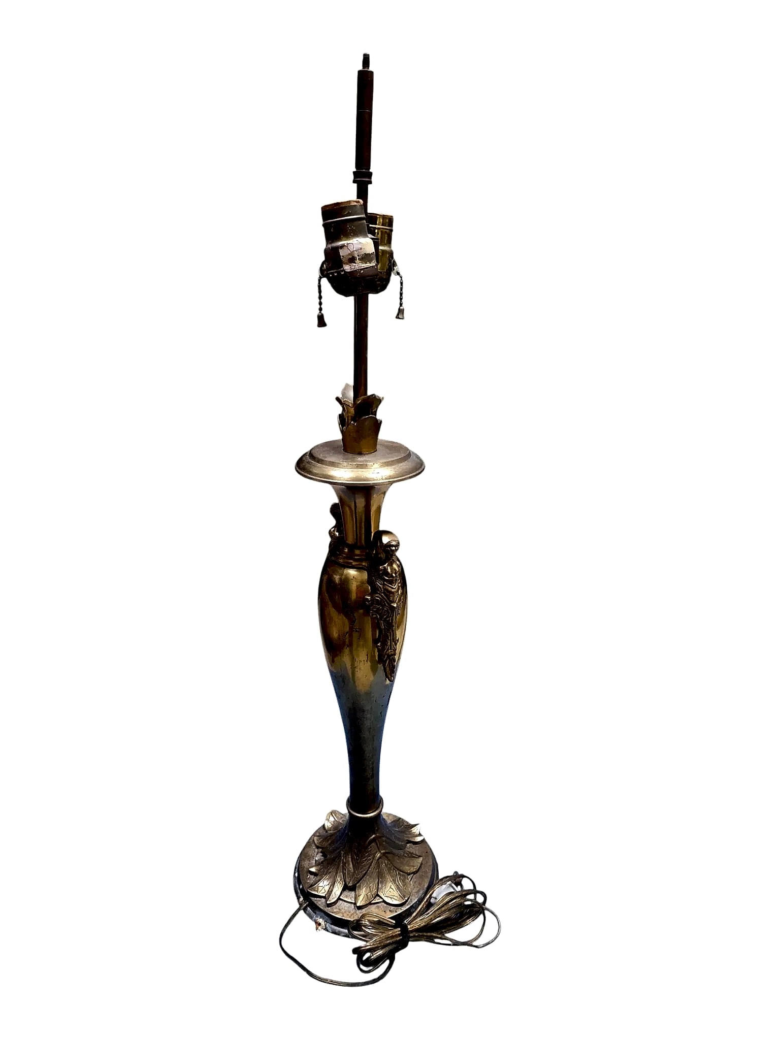 Vintage Classical Urn Form Table Lamp with Maiden Mounts and Shade: A vintage table lamp designed with an elongated urn-form standard adorned with classical draped female / maiden figure mounts and a flared petal collar, set upon a spreading circular base with relief 