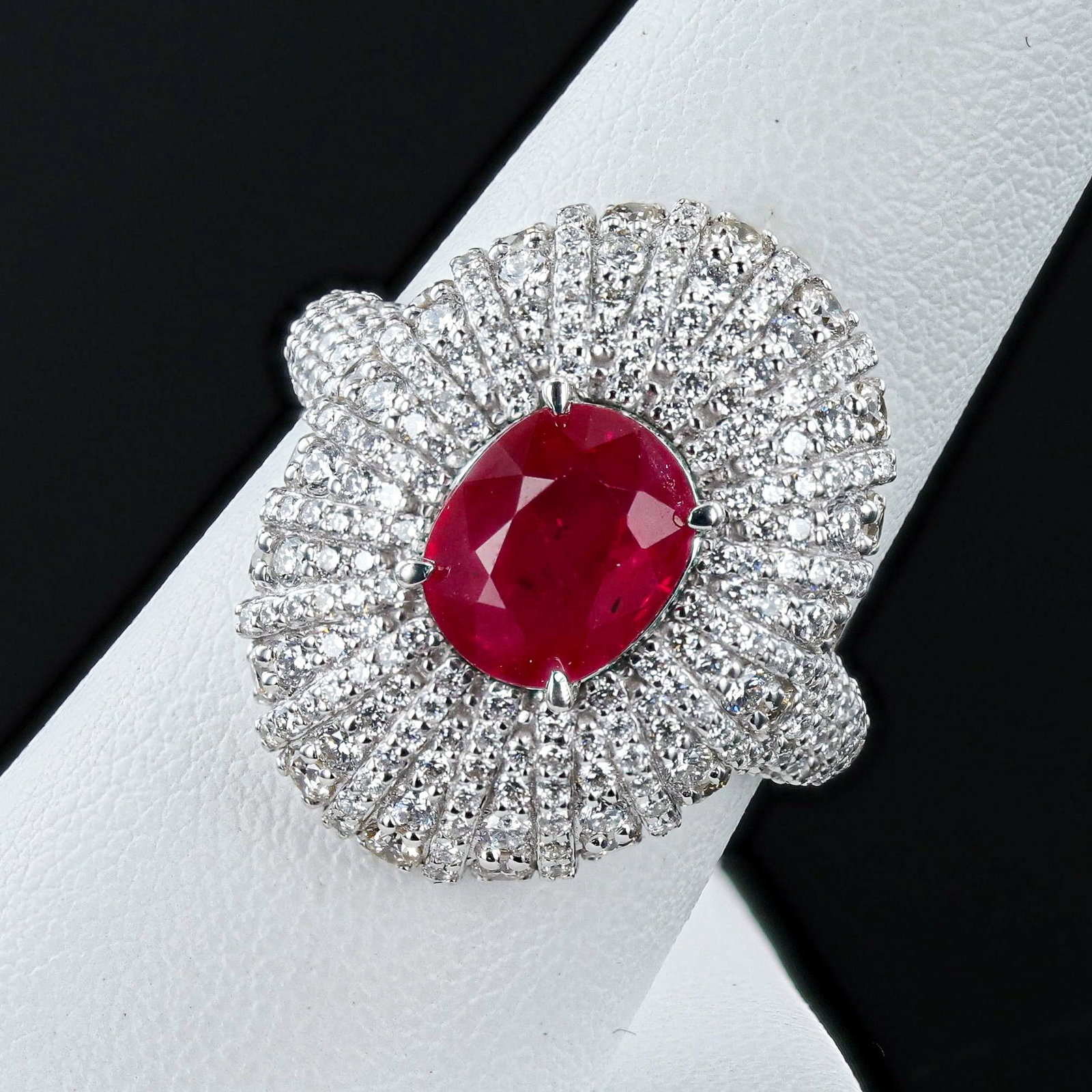 2.34ct AFRICAN Ruby and 1.68ctw Diamond Platinum Ring (GIA CERTIFIED): One polished, stamped, and tested platinum ring marked Oscar Friedman. The ring is mounted with: 1 genuine GIA certified ruby center stone weighing 2.34 carats, and 234 genuine round diamonds weighing