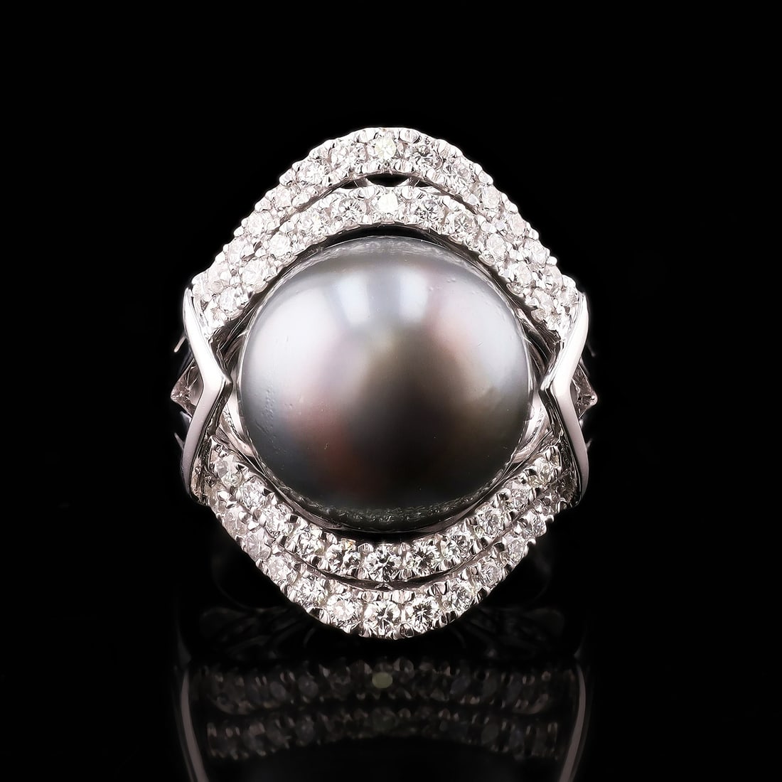 15MM Tahitian Cultured Pearl and 1.05ctw Diamond Platinum Ring (GIA CERTIFIED): Platinum (PLAT) cultured tahitian pearl and diamond ring. A near round cultured tahitian pearl is mounted in the center of the ring. Round brilliant cut diamonds accent the ring around the center pear