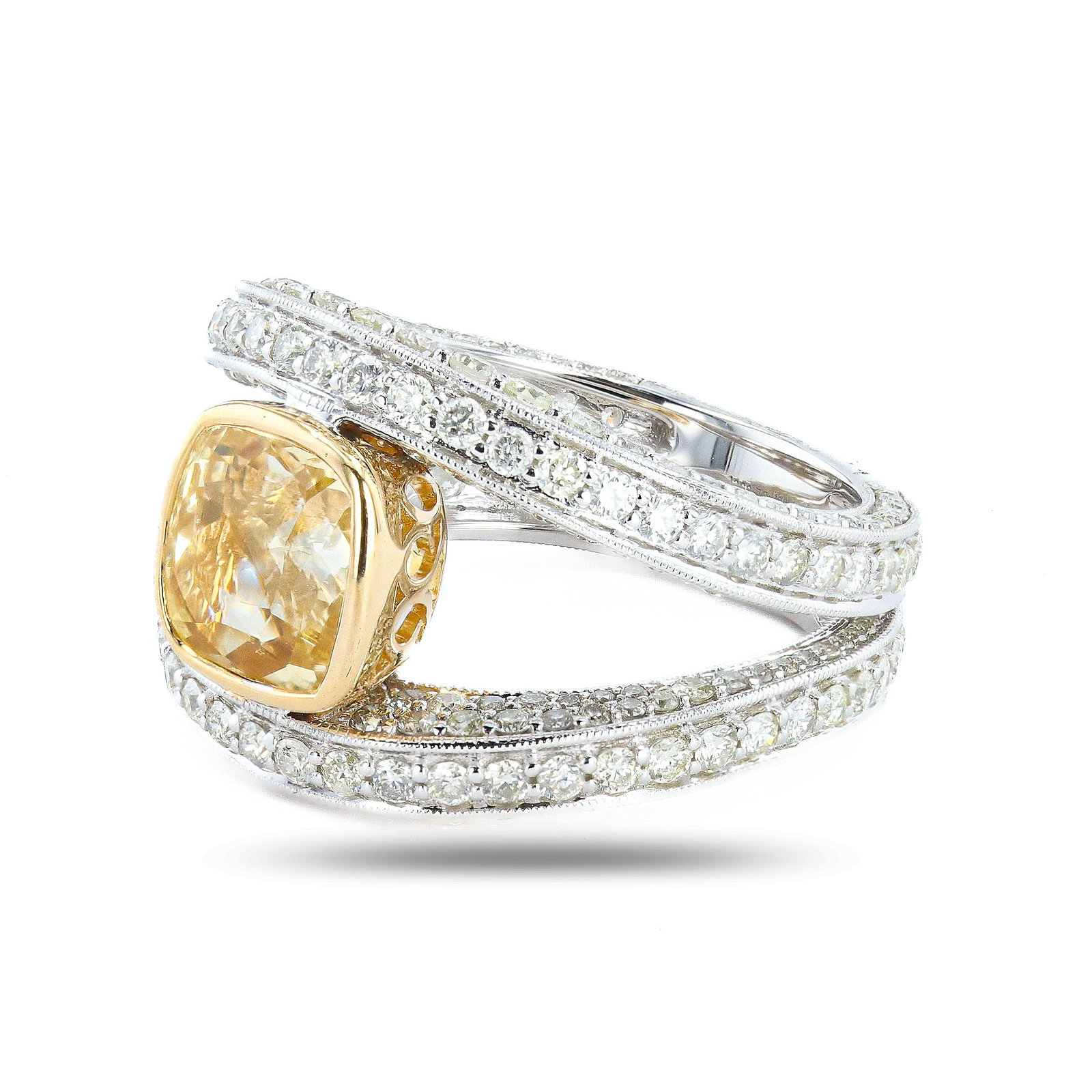 3.55ct UNHEATED Yellow Sapphire and 2.35ctw Diamond 18K White and Yellow Gold Ring (GIA CERTIFIED): One polished, stamped, and tested 18K white and yellow gold ring marked Alex Kauffman. The ring is mounted with: 1 genuine GIA certified unheated sapphire center stone weighing approximately 3.55 cara