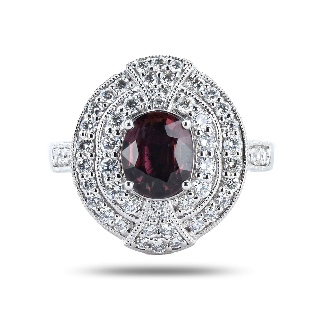 1.52ct UNHEATED Pink Sapphire and 0.80ctw Diamond Platinum Ring (GIA CERTIFIED): Platinum (PLAT) natural unheated pink sapphire corundum and diamond ring. An oval brilliant cut natural unheated pink sapphire corundum gemstone is mounted in the center of the ring. Round brilliant c