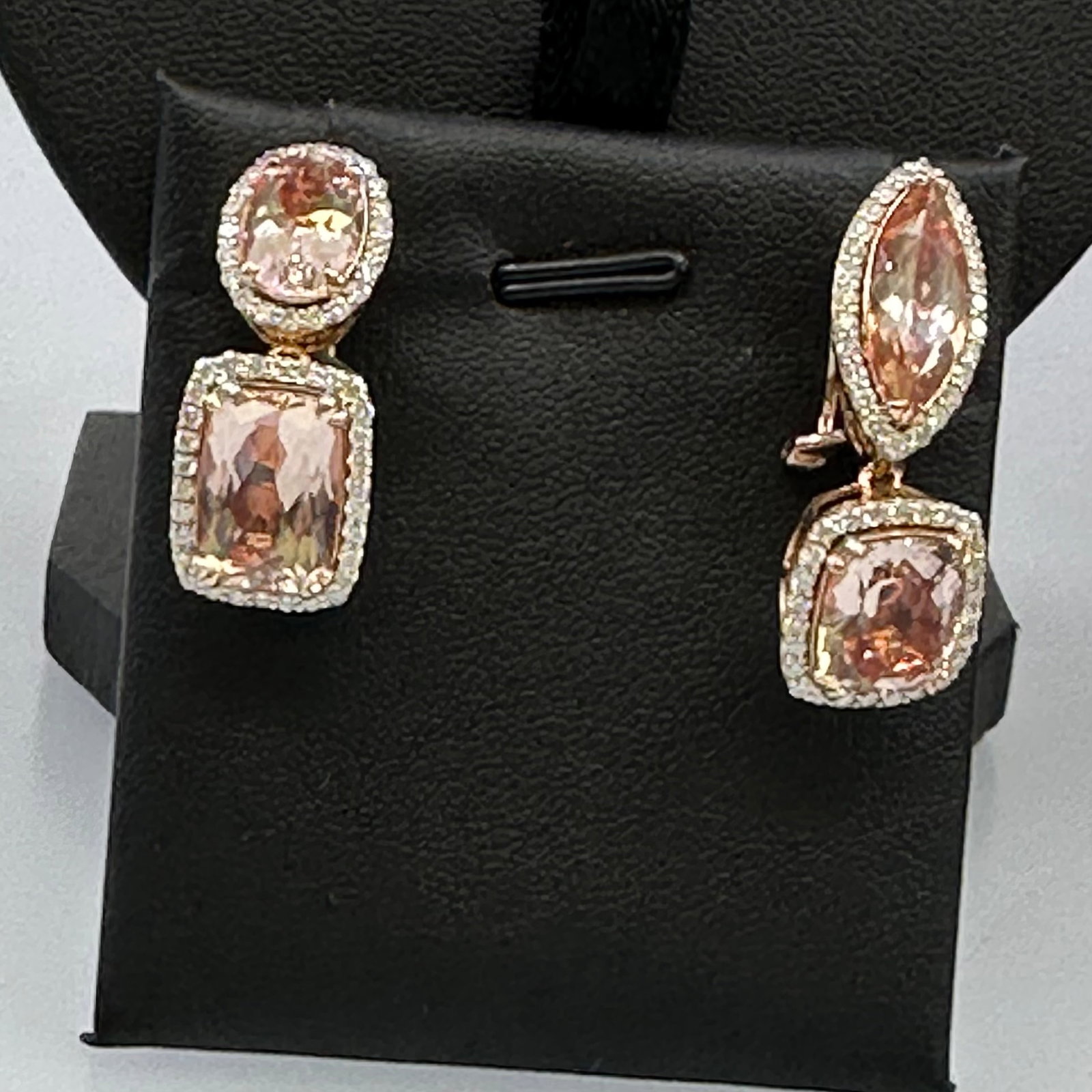 14K Rose Gold Natural Morganite & Diamond Drop Earrings: Graceful and elegant, these 14K rose gold natural morganite and diamond drop earrings feature four natural morganites totaling approximately 11.59 carats in a stunning combination of marquise, cushion