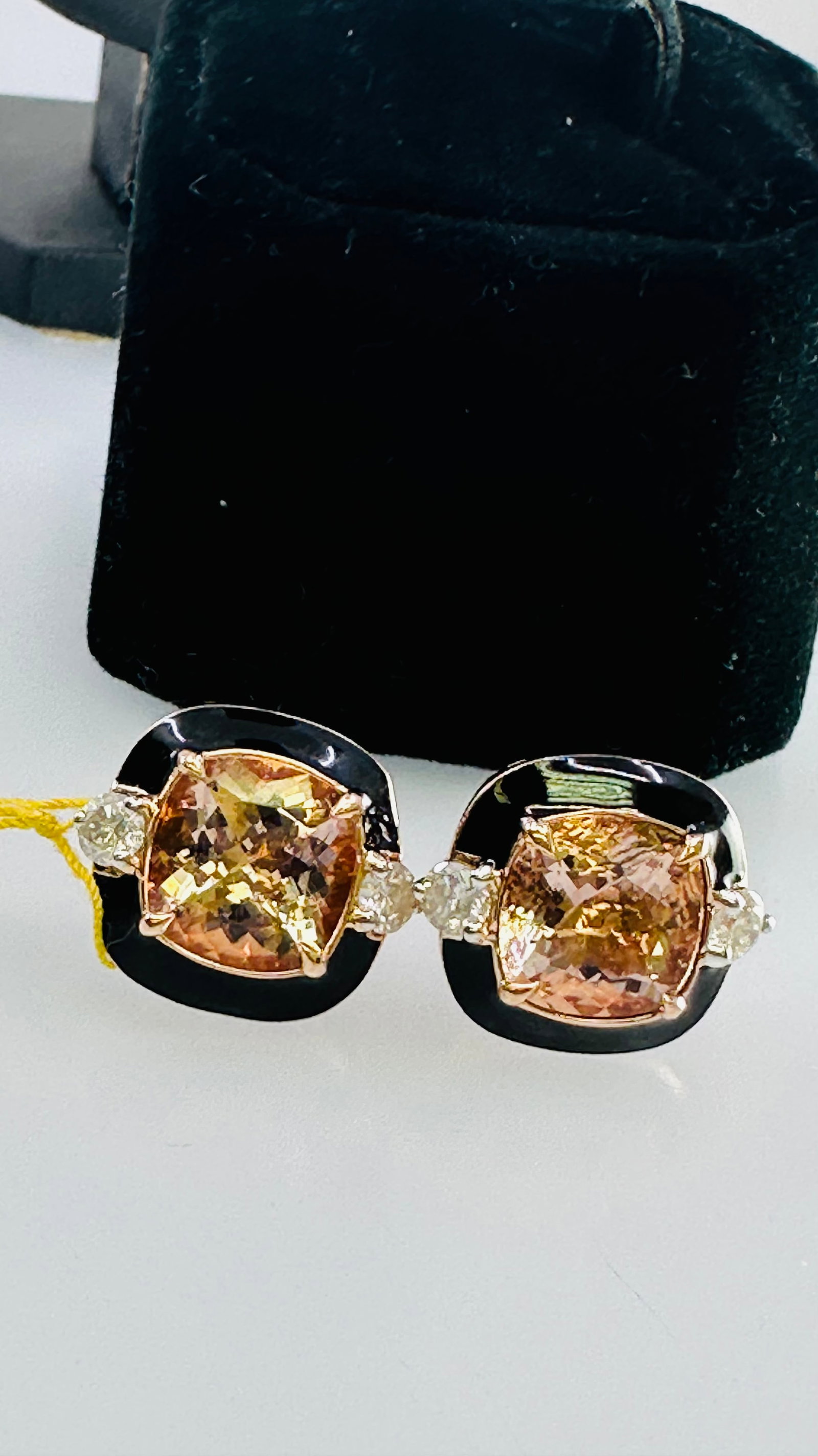 14K Two-Tone Gold Natural Morganite & Diamond Earrings: A beautiful pair of 14K two-tone gold natural morganite and diamond earrings featuring two cushion brilliant-cut natural morganites totaling approximately 9.25 carats. The soft peach-colored gemstones
