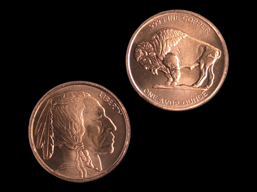 Lot of 2 - 1 AVDP Ounce (each) .999 Copper Rounds - Buffalo (1 of 2)