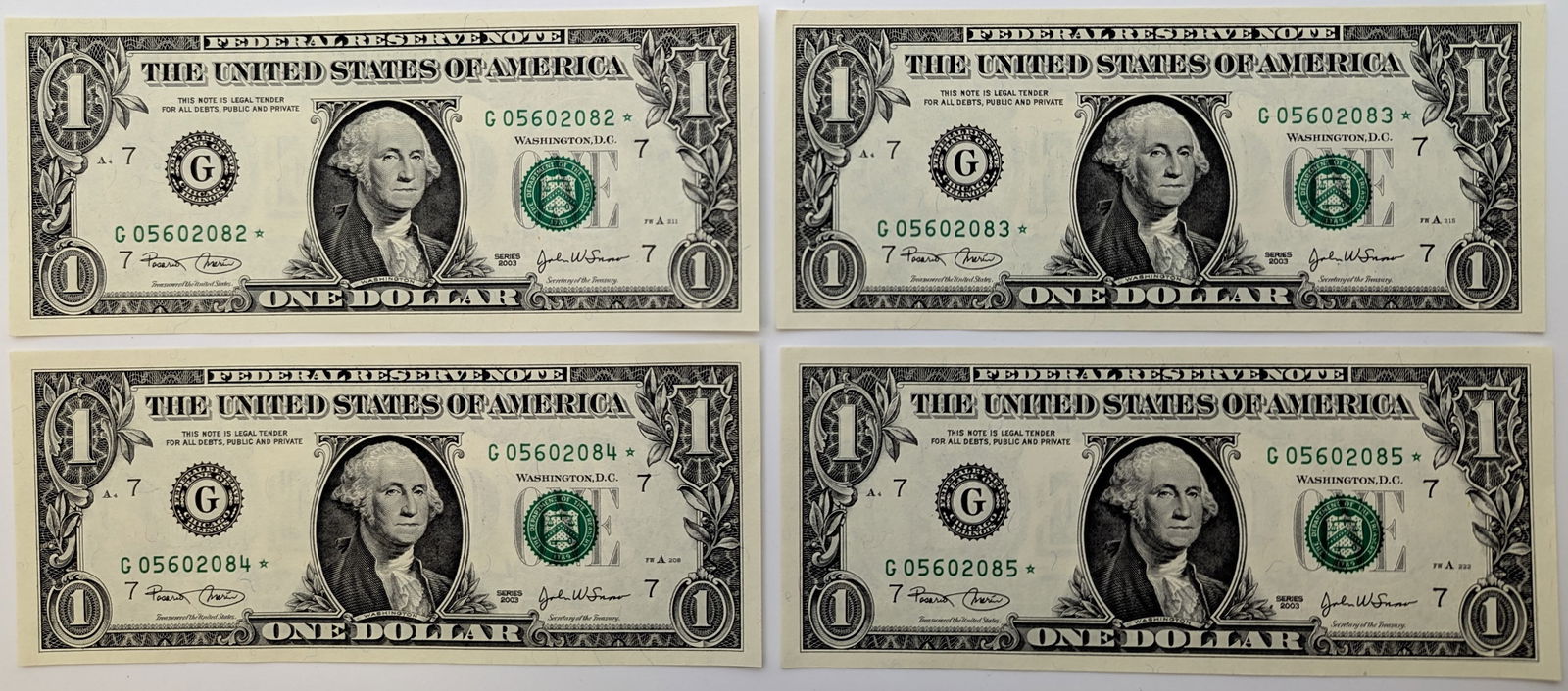 Lot of 4 -  2003 Consecutive $1 Bills - Star Notes (1 of 2)