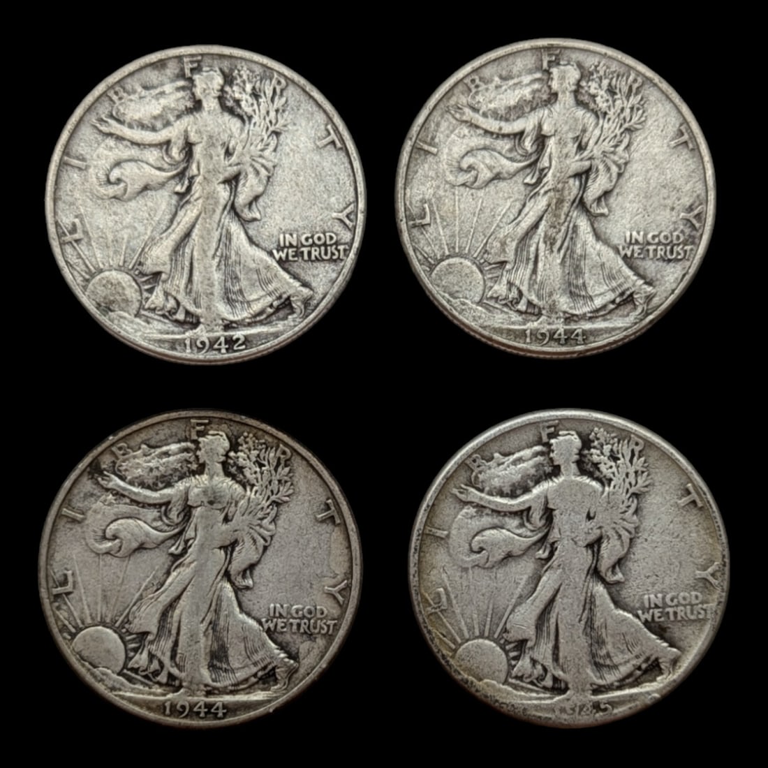 Lot of 4 Walking Liberty Silver Half Dollar - 1942, 1944, 1944-S, 1945 (1 of 2)