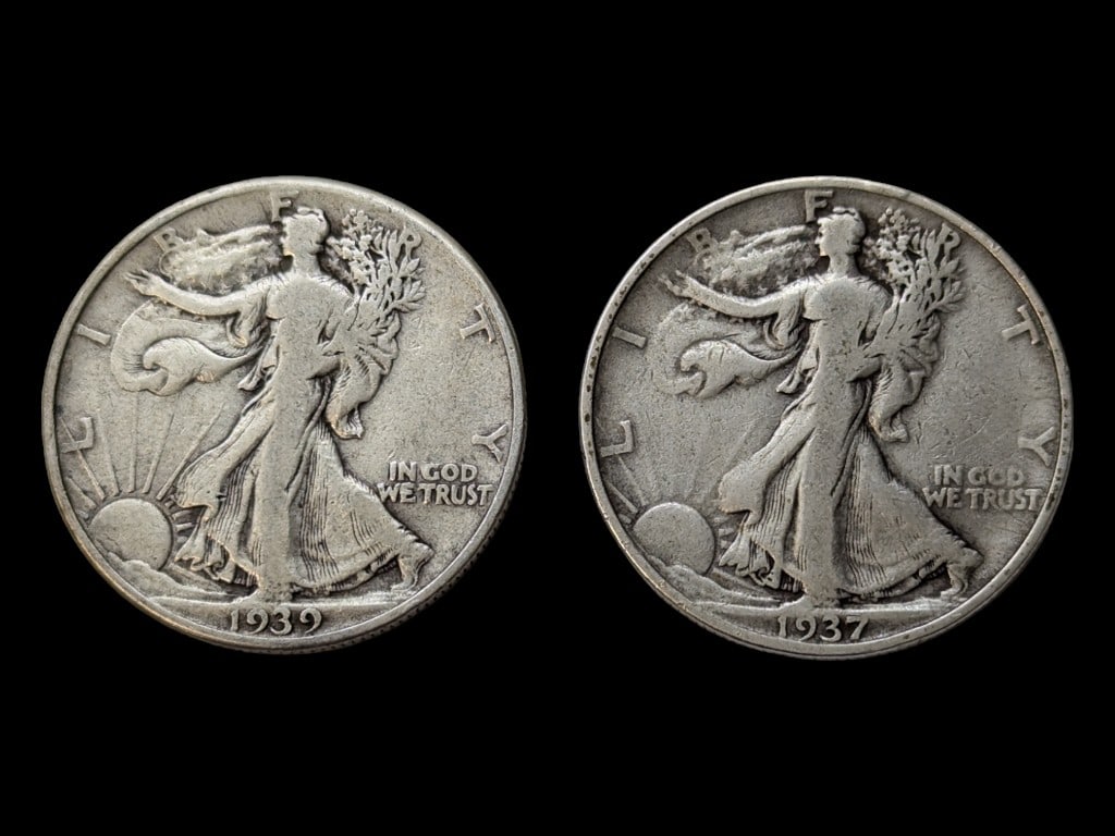 Lot of 2 Walking Liberty Silver Half Dollars - 1939 & 1937-S (1 of 2)