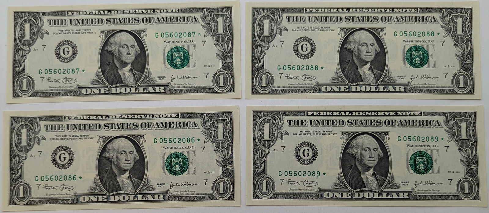 Lot of 4 - 2003 Consecutive $1 Bills - Star Notes (1 of 2)