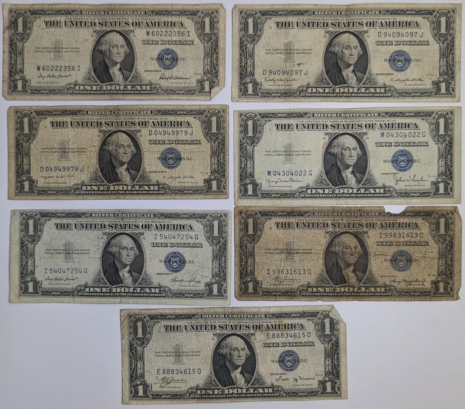 Lot of 7 - 1935 $1 Bills - Blue Seal - Silver Certificates (1 of 2)
