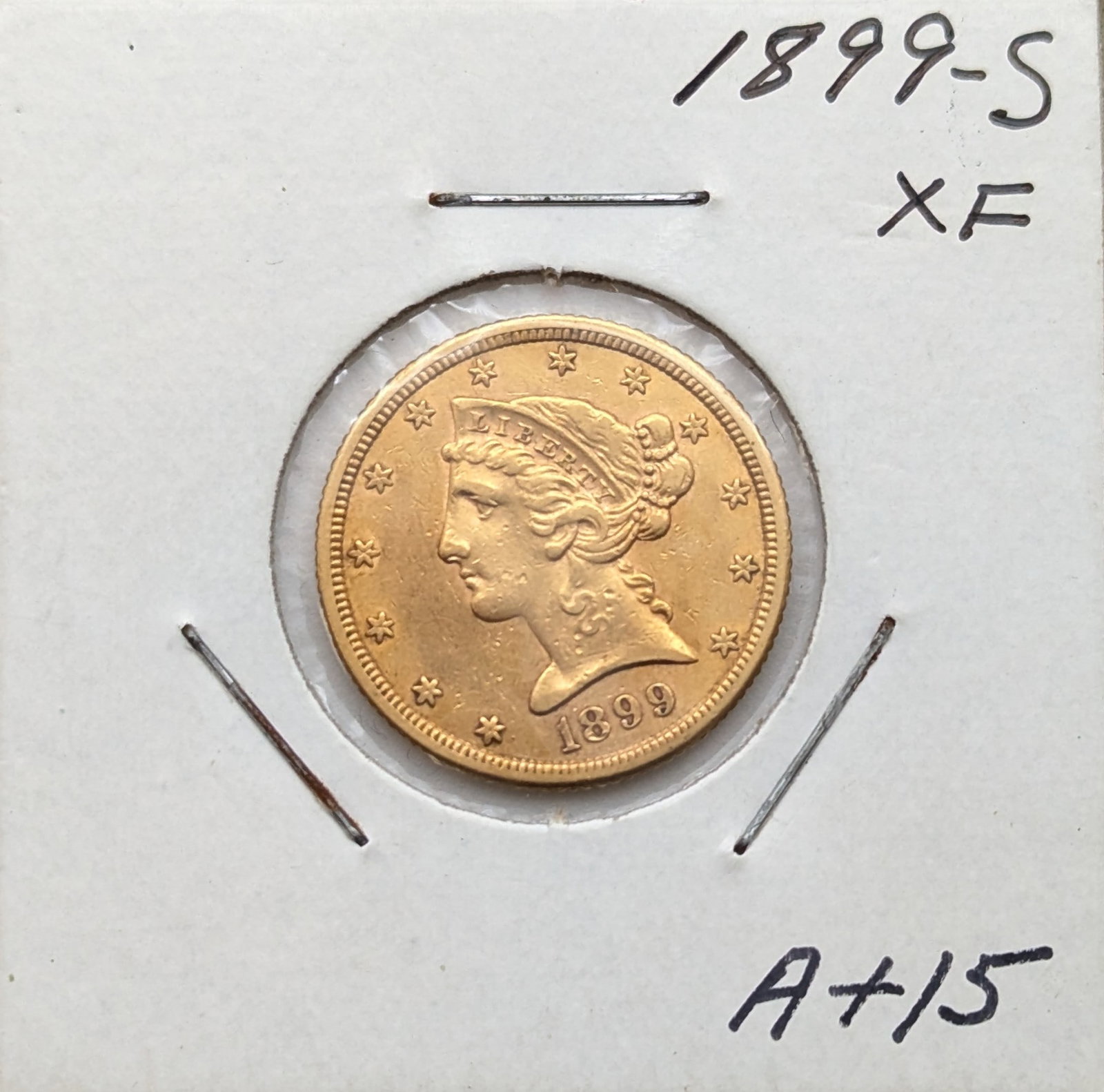 1899-S $5 Liberty Head Gold Coin: Face Value: $5 Metal Fineness: 0.900 Gold AGW: 0.2419 Ounce Spot Price as of 9/19: $2,586