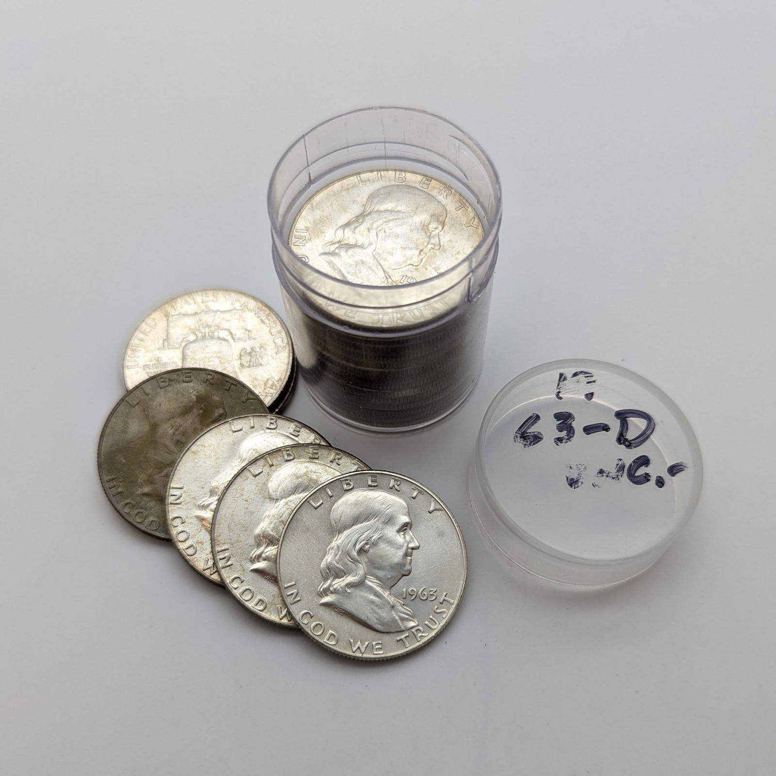 Full Tube of 20 1963-D Uncirculated Franklin Silver Half Dollars (1 of 3)