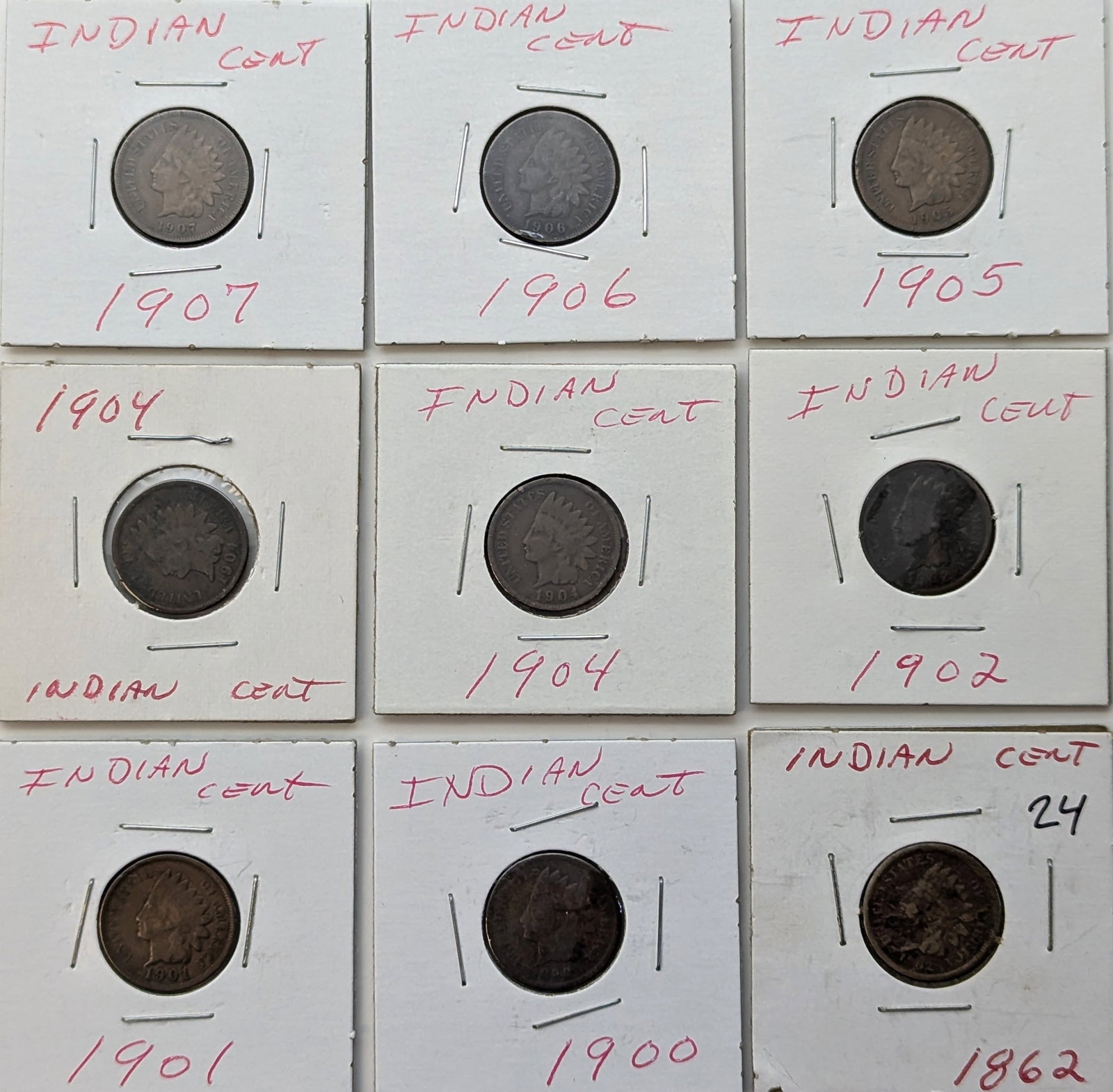 Lot of 9 Indian Head Cents Pennies - 1862, 1900-1907 (1 of 2)