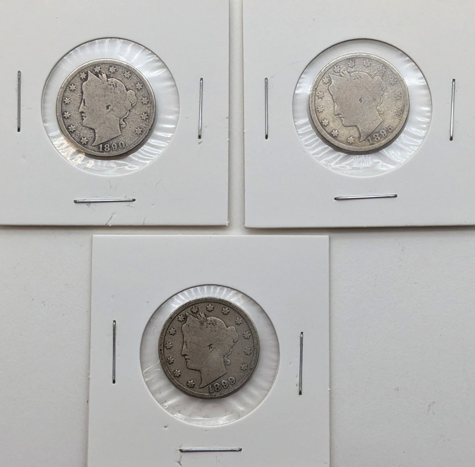 Lot of 3 Liberty V Nickels - 1890, 1895, 1899 (1 of 2)
