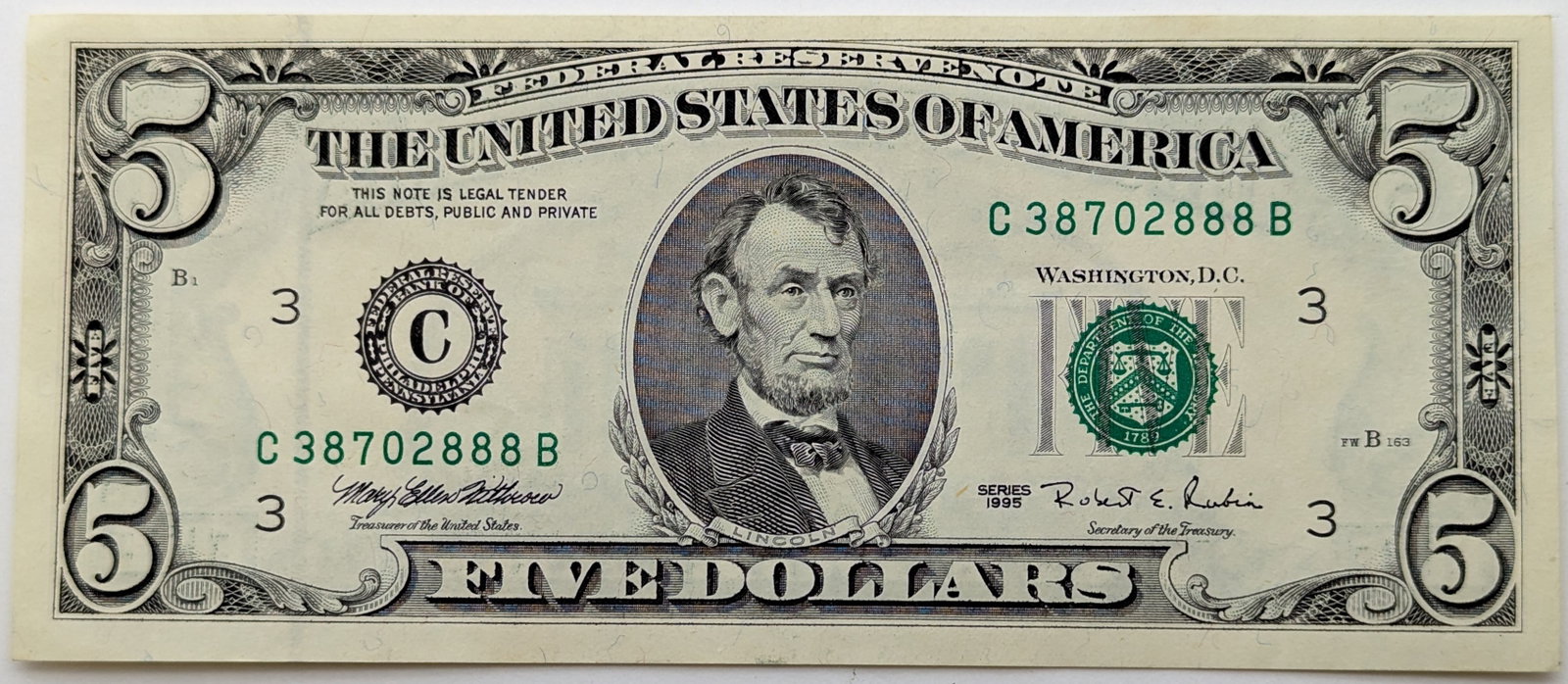 1995 $5 Note - Uncirculated -old design: Coin