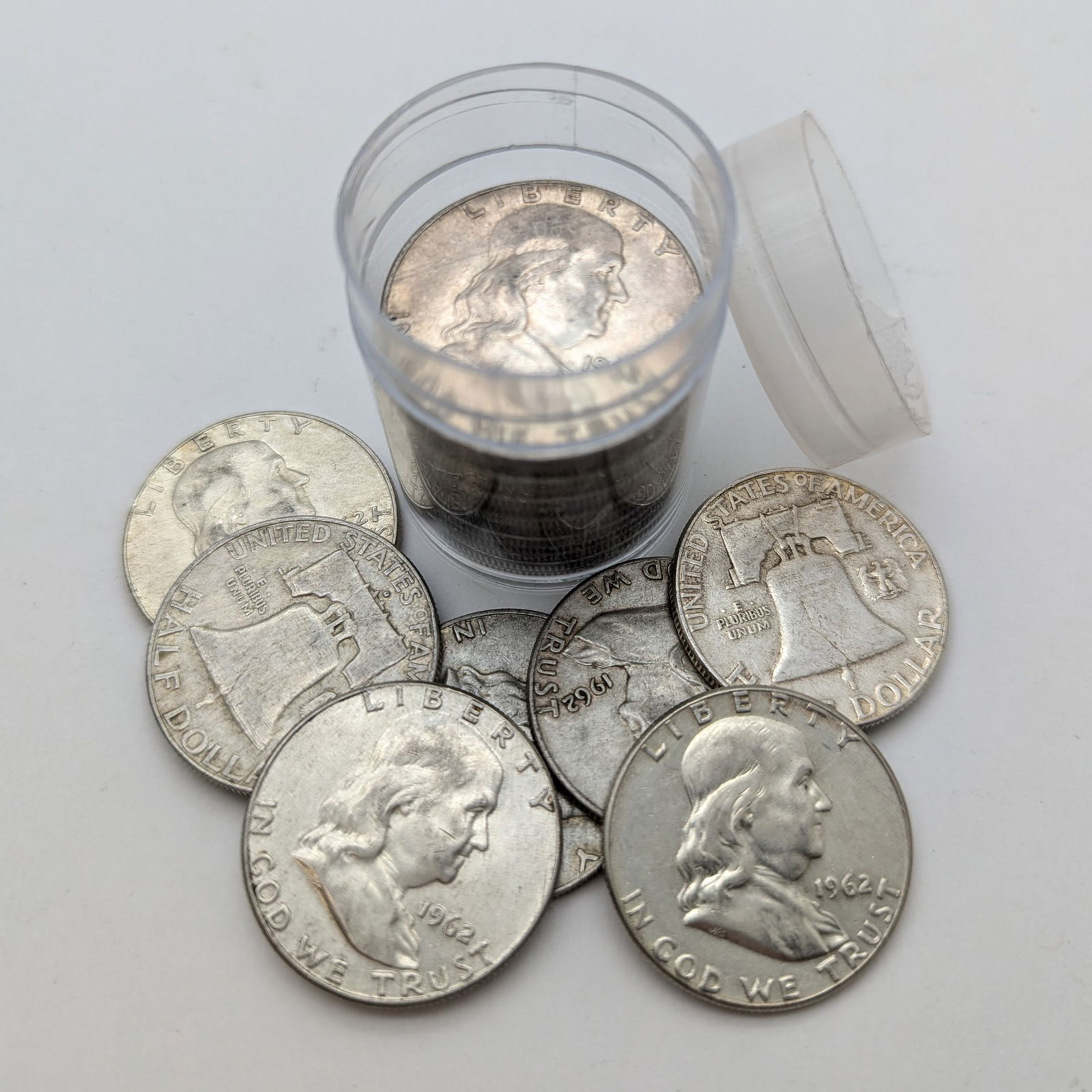 Tube of 20 Silver 1962 Franklin Half Dollars (1 of 4)