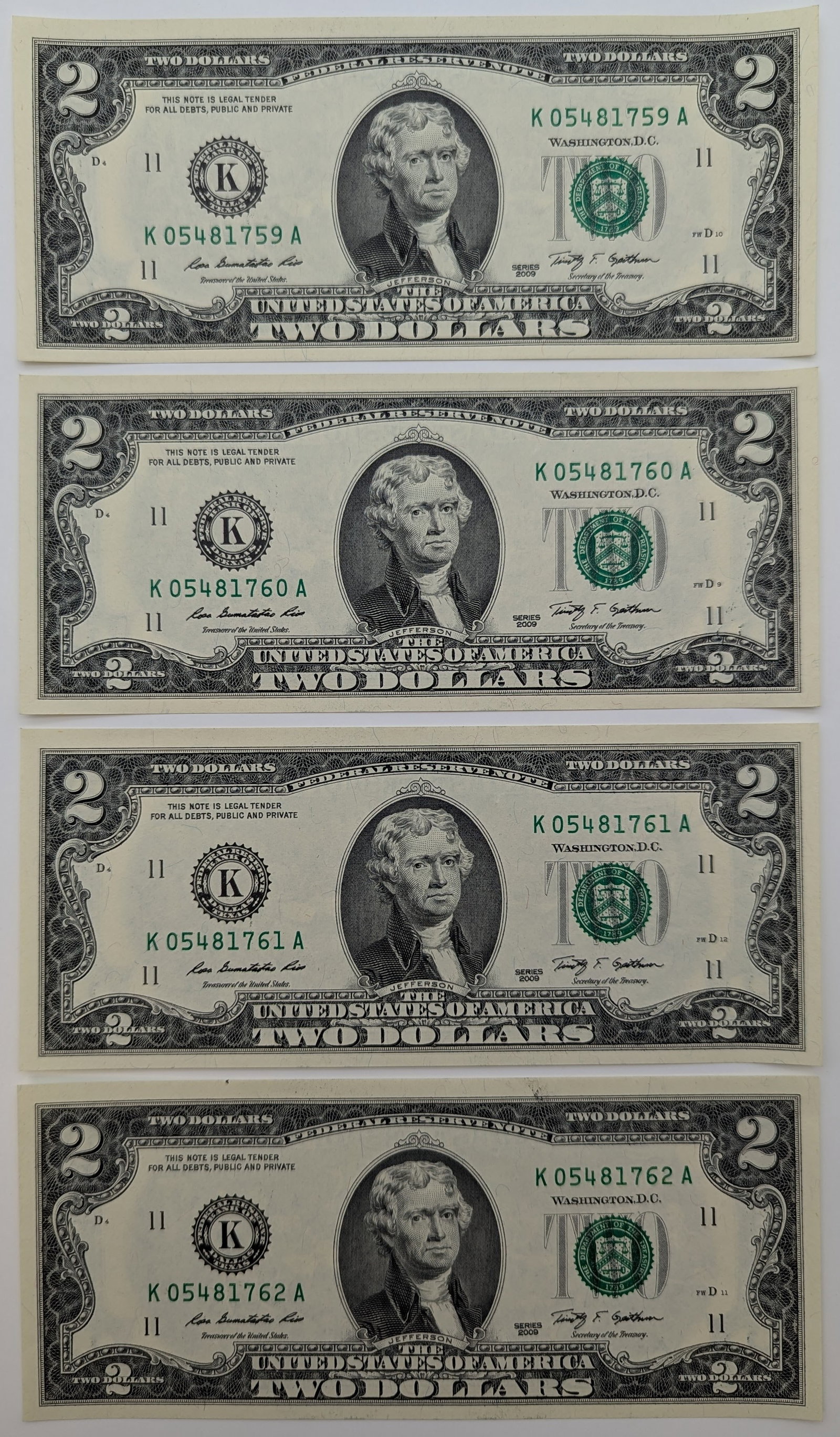 Lot of 4 Consecutive Uncirculated 2009 $2 Notes - Green Seal (1 of 2)