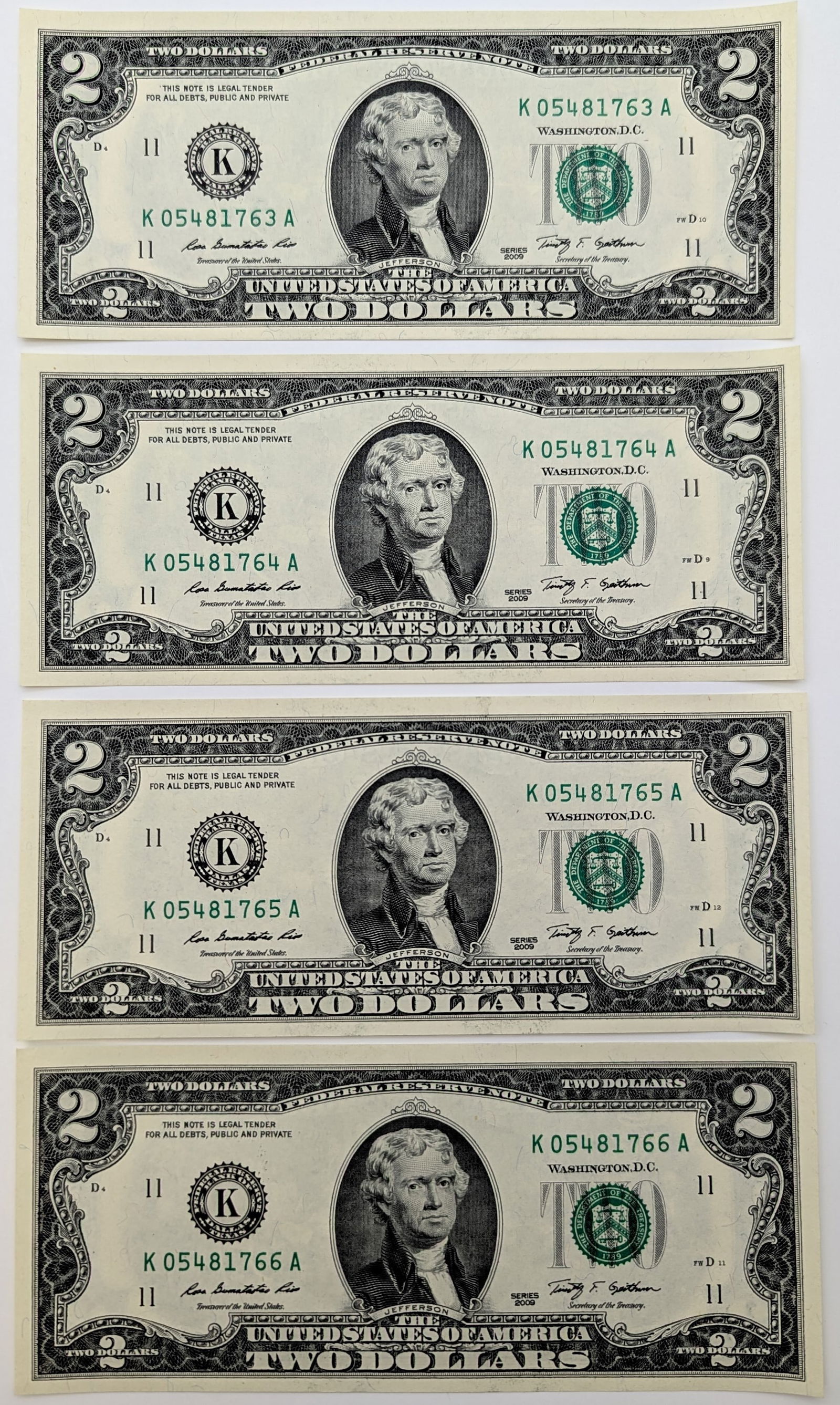 Lot of 4 Consecutive Uncirculated 2009 $2 Notes - Green Seal (1 of 2)
