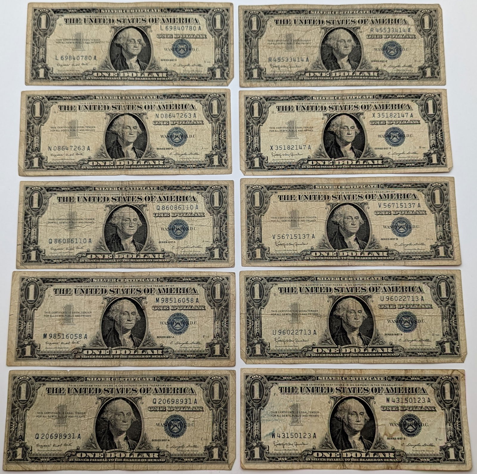 Lot of 10 - 1957 $1 Notes - Silver Certificates (1 of 2)