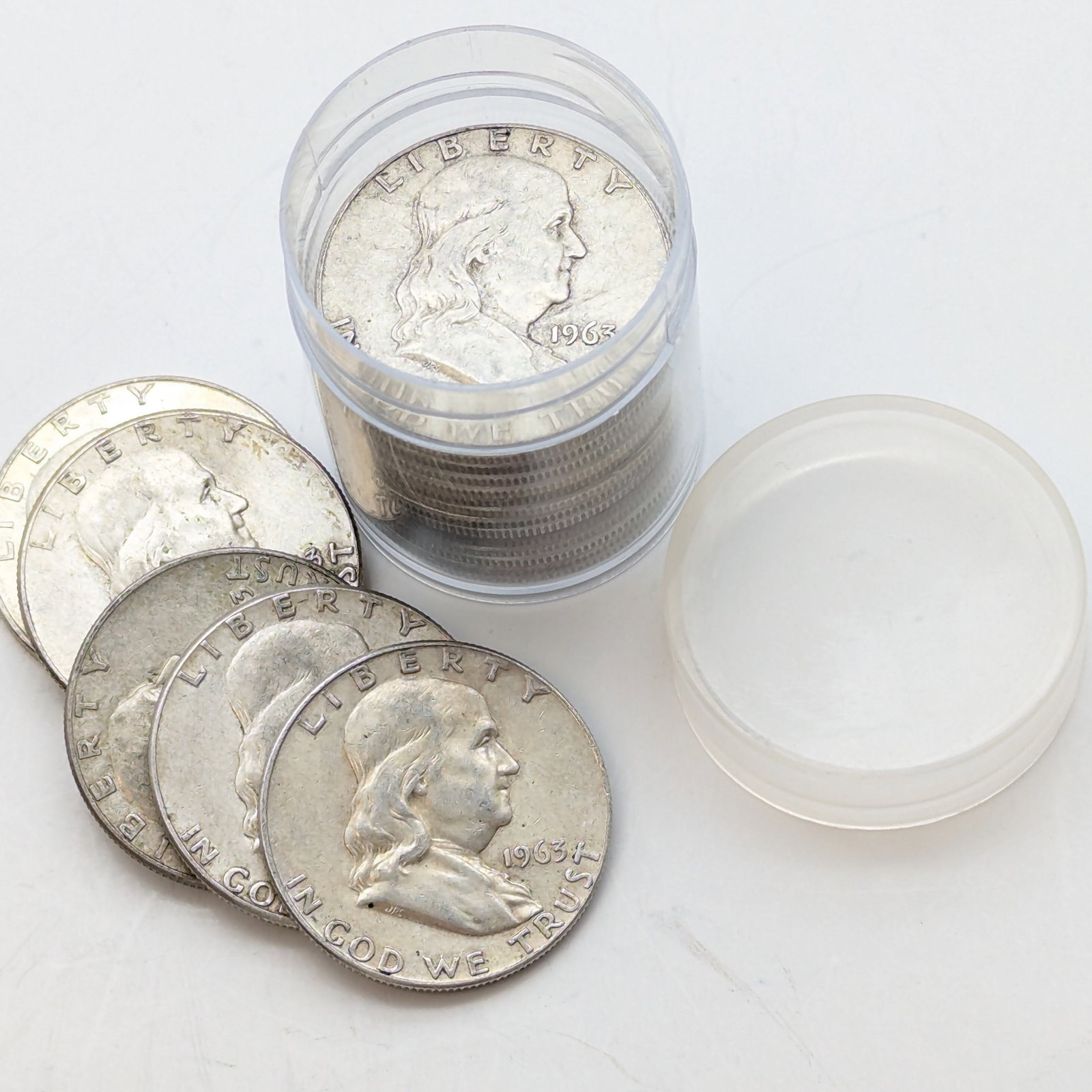 Tube of 20 Silver 1963 Franklin Half Dollars (1 of 3)
