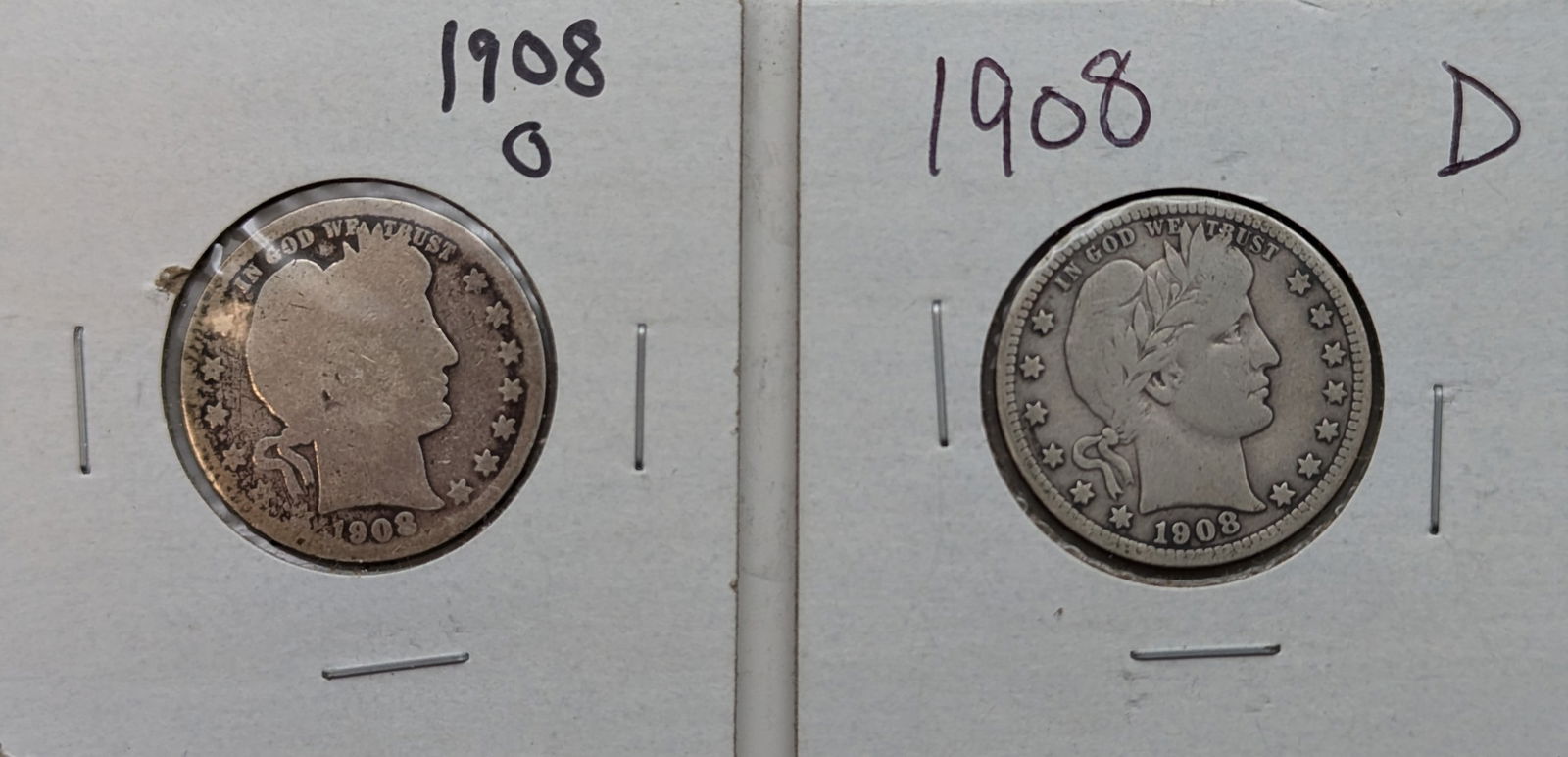Lot of 2 Silver Barber Quarters - 1908-O, 1908-D (1 of 2)