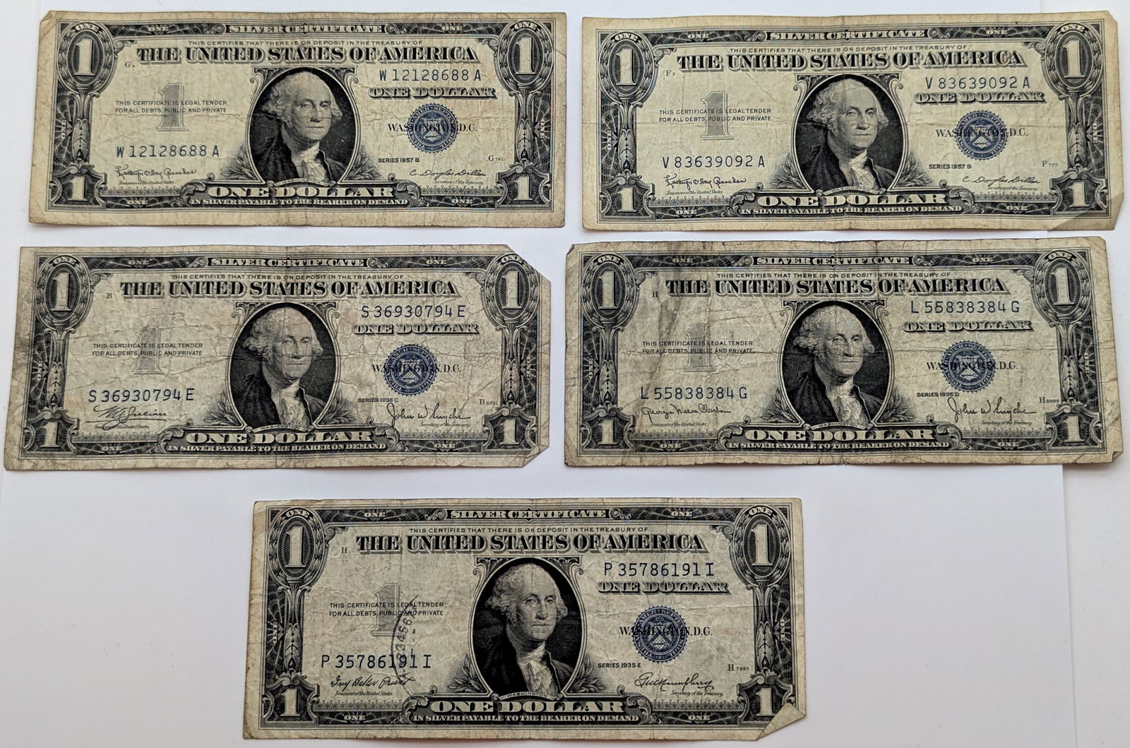 Lot of 5 $1 Notes - 1935 & 1957 - Silver Certificates (1 of 2)