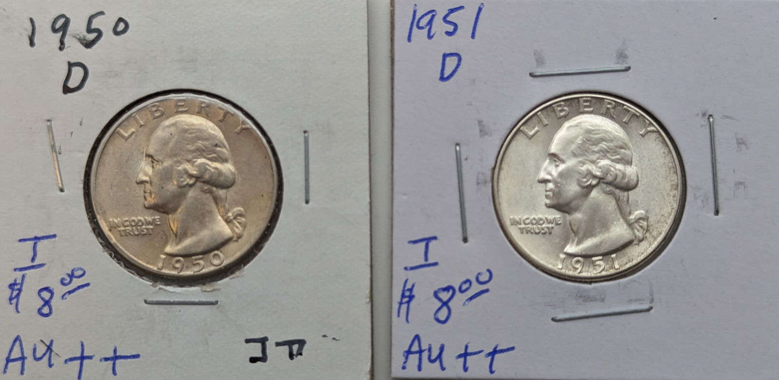 Lot of 2 Silver Washington Quarters - 1950-D & 1-51-D (1 of 2)