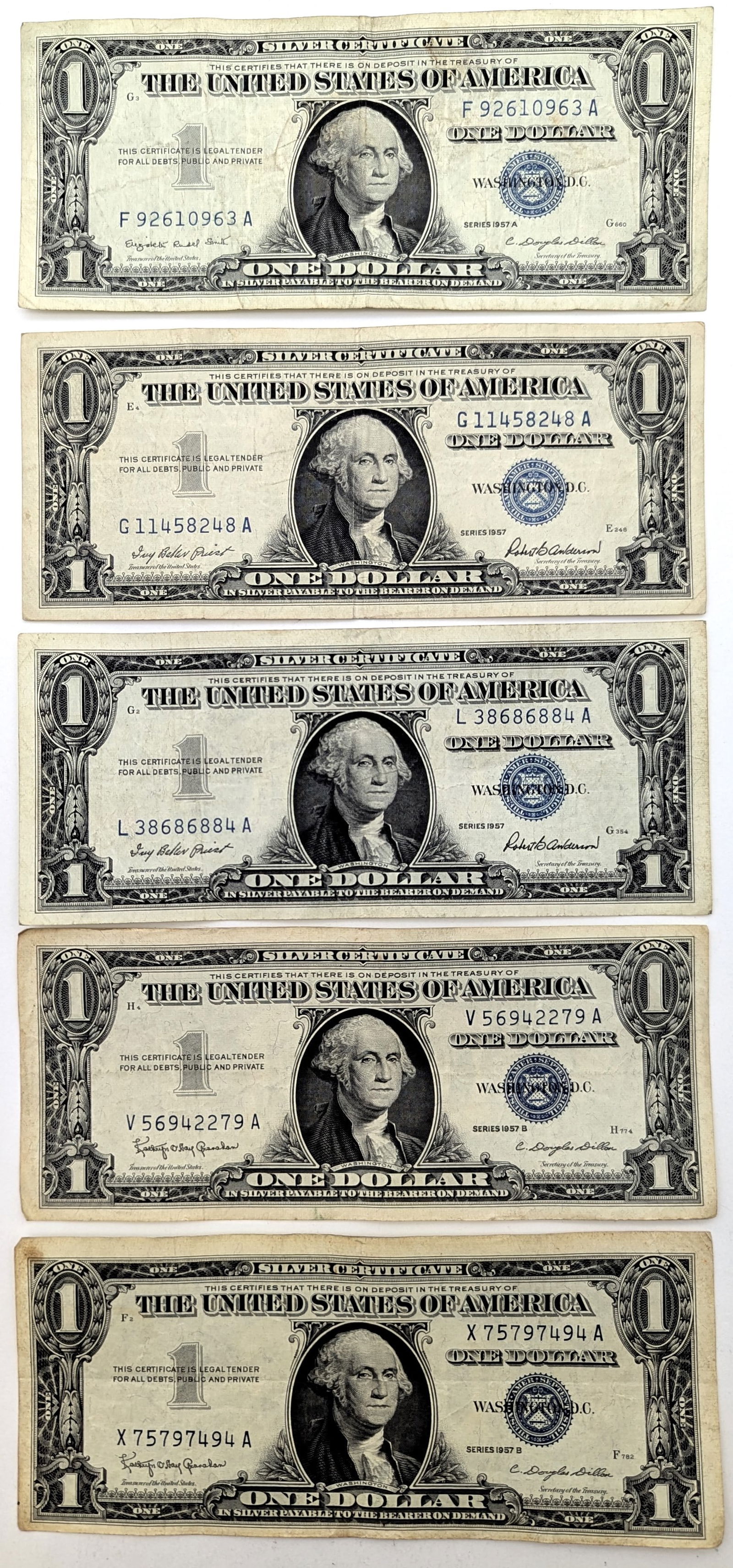 Lot of 5 1957 A/B $1 Notes - Silver Certificates (1 of 2)