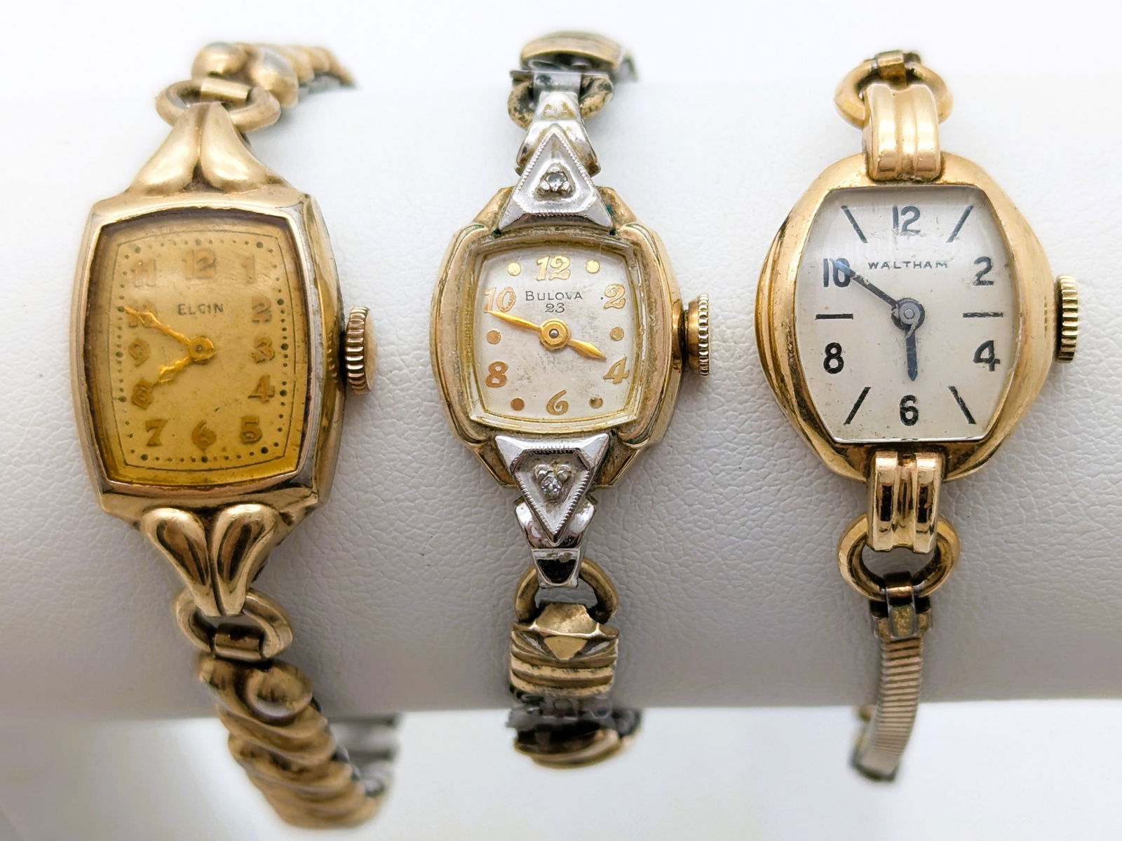 Lot of 3 Vintage Gold Filled Ladies watches - Elgin, Bulova, Waltham - Parts / Repair: Bulova has slight defects on band