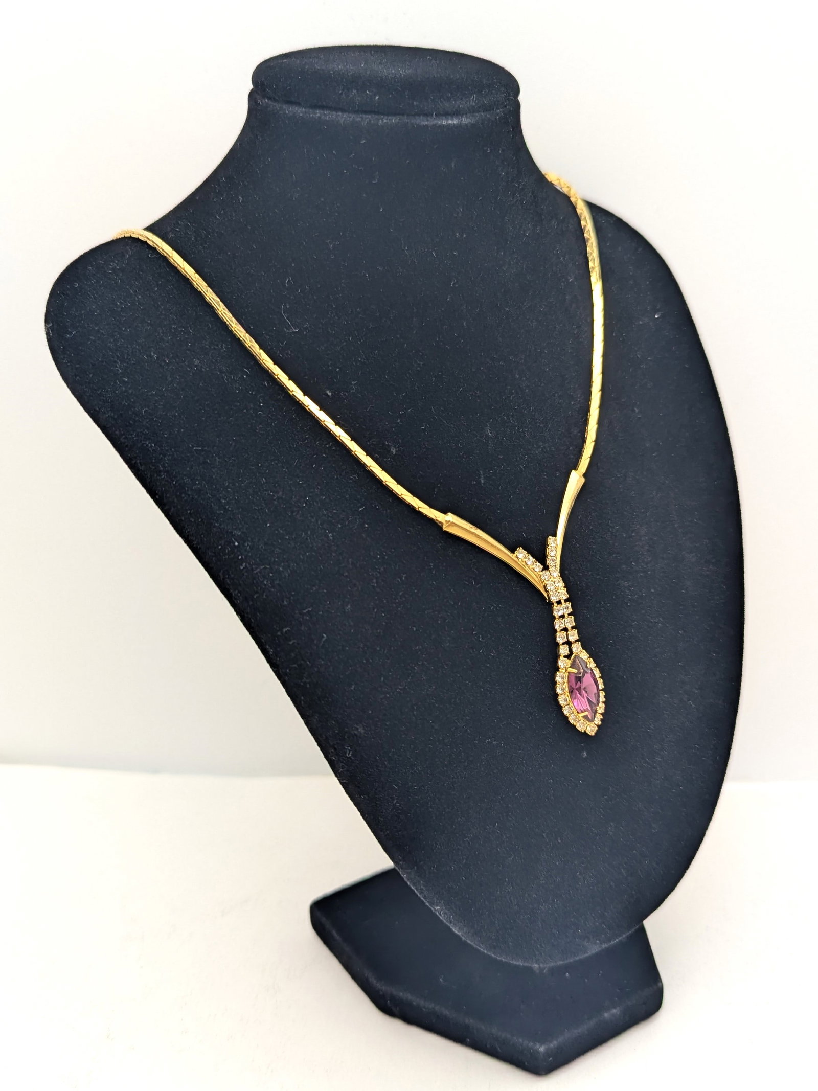 Gold tone Pink & White Gem Drop Pendant Ladies Necklace: Length: 14-16 inches