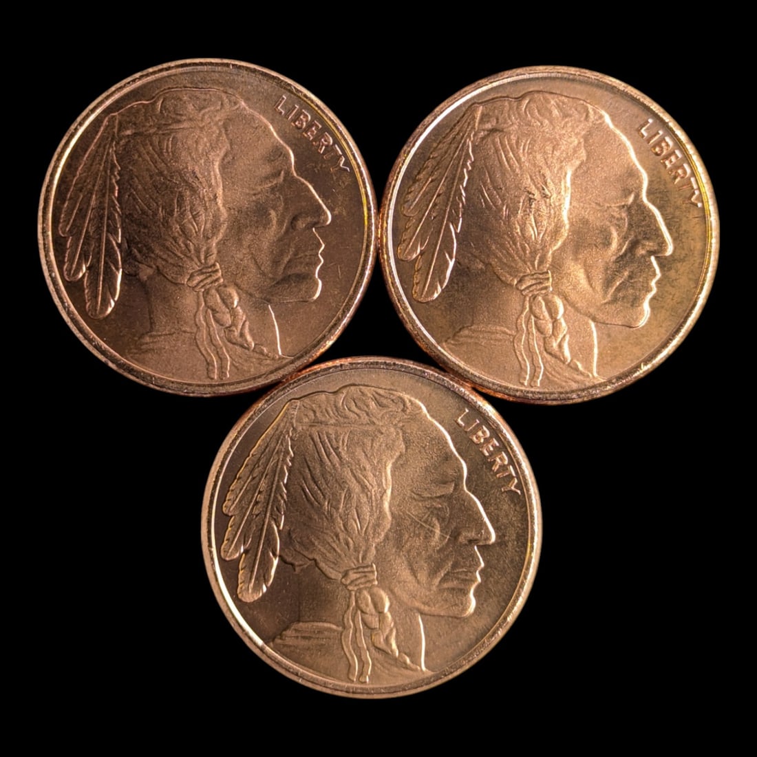 Lot of 3 - 1 Ounce (each)  Fine .999 Copper Rounds - Buffalo (1 of 2)